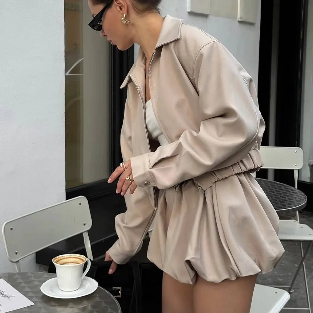 Tuularose Womens Lapel Zip Jacket Two Piece Pleated Shorts Autumn Suit