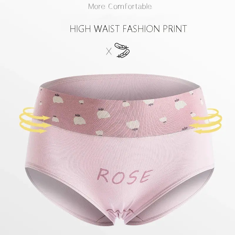 Pink high-waist cotton panties, 4-pack with rose print, breathable and comfortable by Simples Market