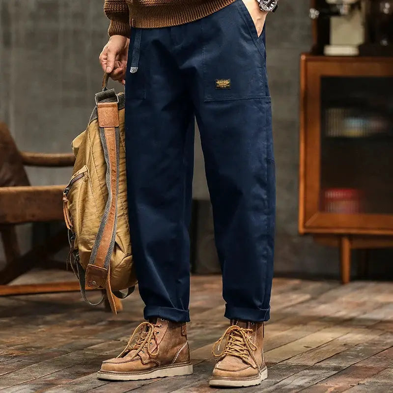 HIQOR men's navy cotton cargo pants with loose straight fit and cargo pockets