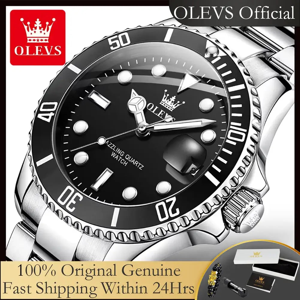 OLEVS men's stainless steel diving watch with black dial, unidirectional bezel, and date magnifier