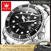 OLEVS men's stainless steel diving watch with black dial, unidirectional bezel, and date magnifier