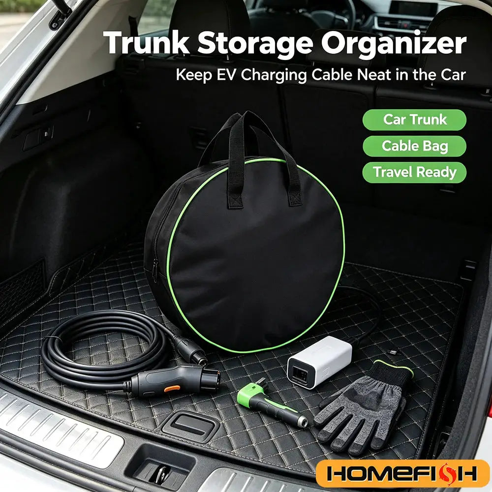 Round Oxford fabric waterproof tool pouch by Simples Market with neon-green trim in a car trunk, alongside cables and gloves