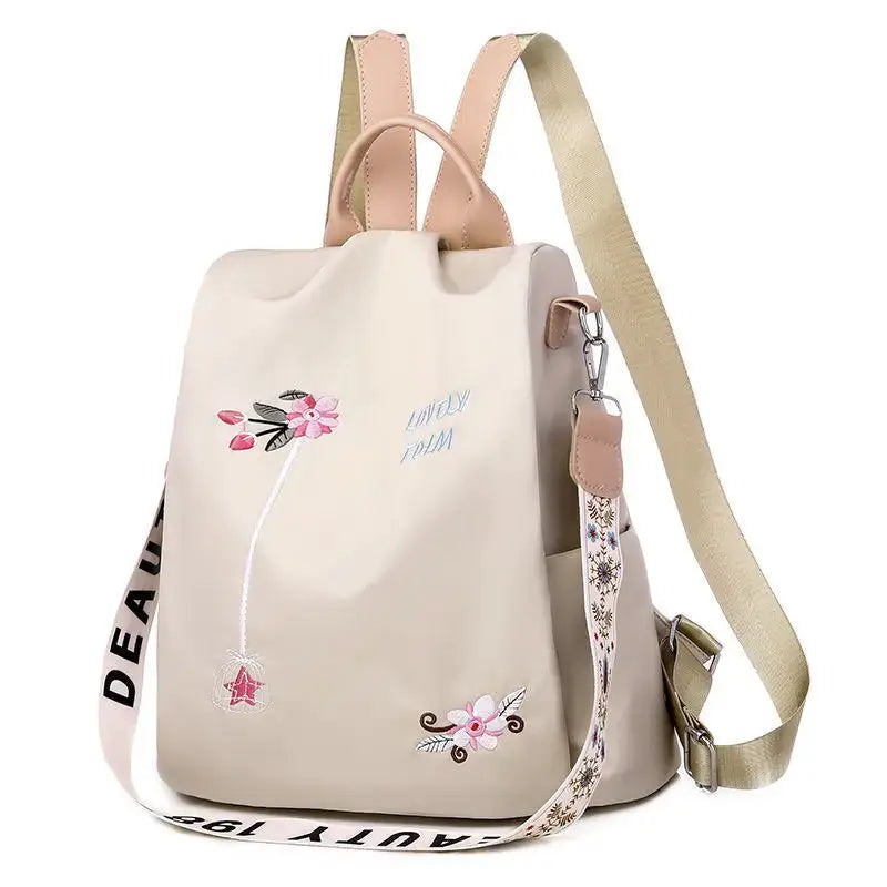 Simples Market Waterproof Oxford women backpack with floral embroidery, beige, large-capacity travel bag