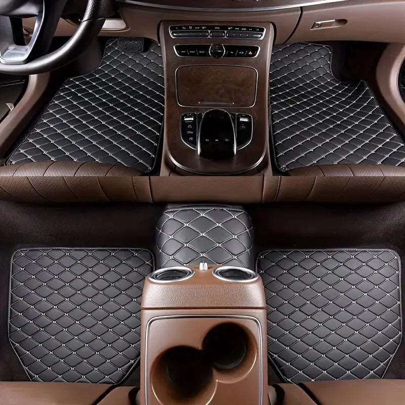 Universal 5-piece car floor mats, PU leather, black diamond-quilted, waterproof