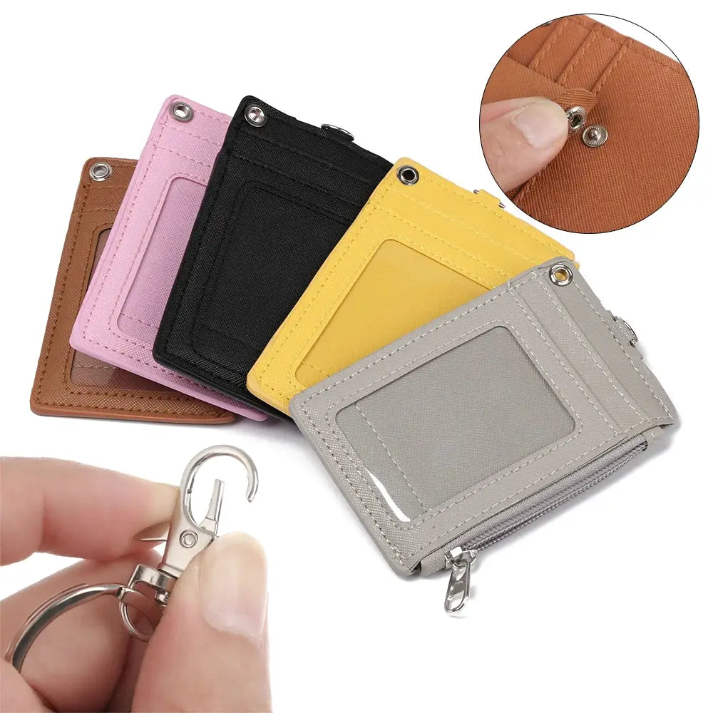 PU leather mini wallet with ID window, card slots, and keyring; six-color Simples Market wallet set