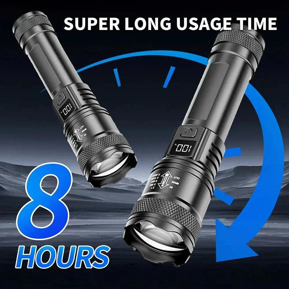 Two black rechargeable LED flashlights, 100000LM waterproof long-range tactical torches for outdoor camping
