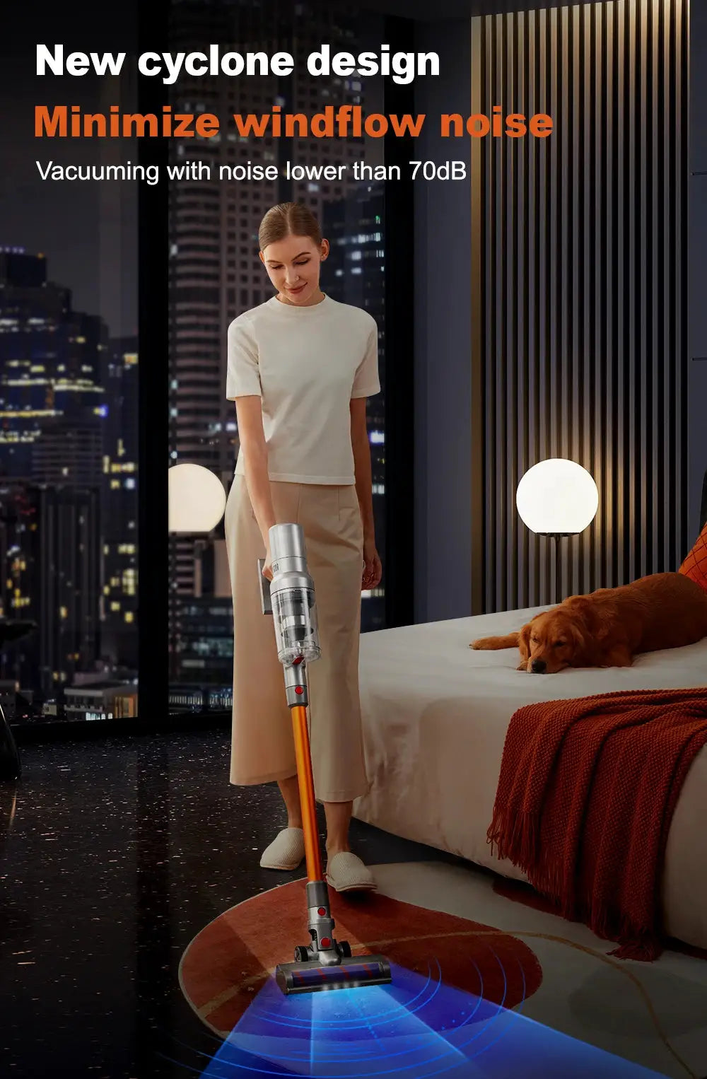 ABIR VC205 cordless handheld vacuum by Simples Market; orange wand, silver body, cleaning bedroom carpet.