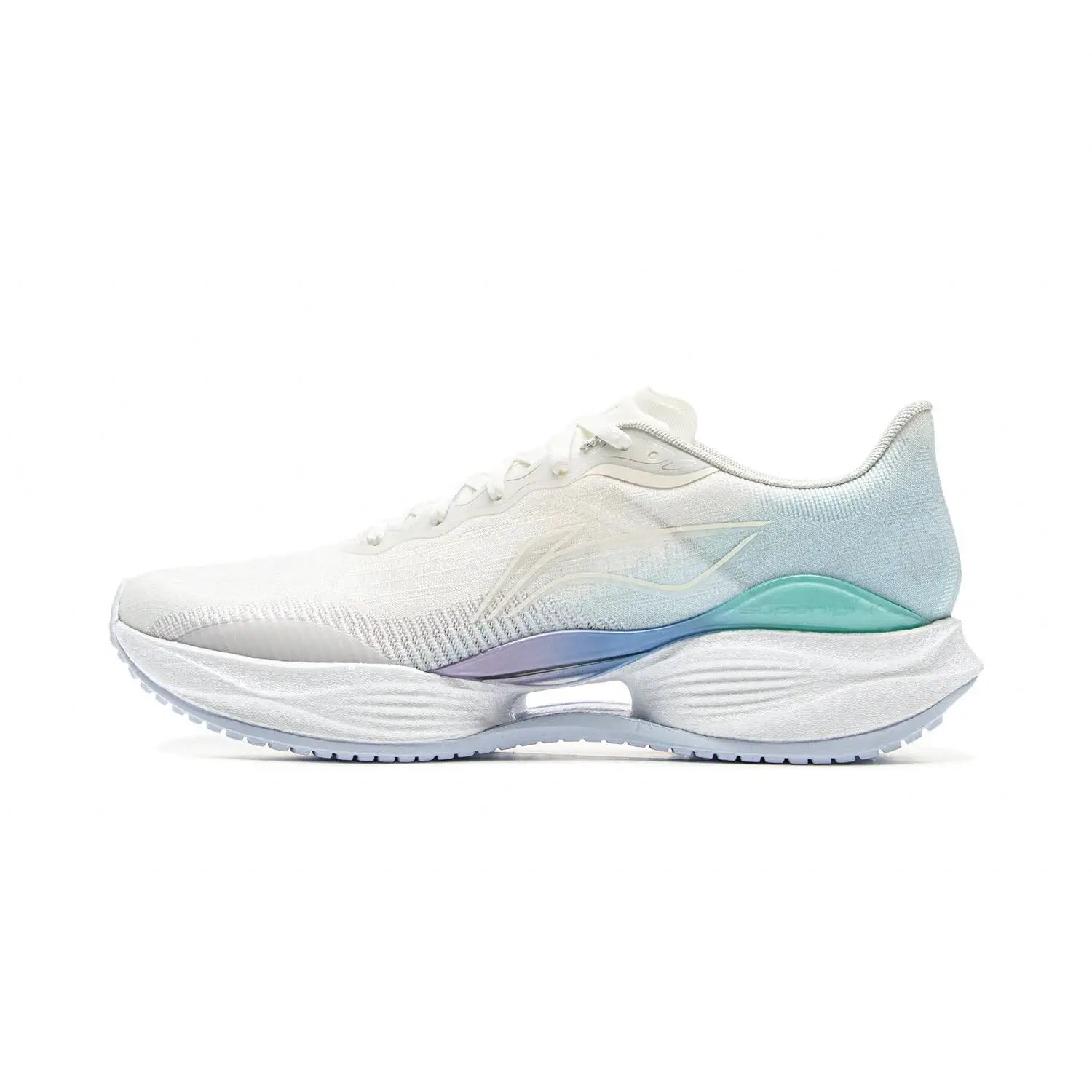 Li-Ning men's running shoes with white mesh upper and pastel lavender-teal gradient midsole