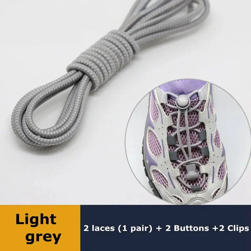 Shoelaces, light grey elastic no-tie for sneakers, 1 pair with clips and buttons
