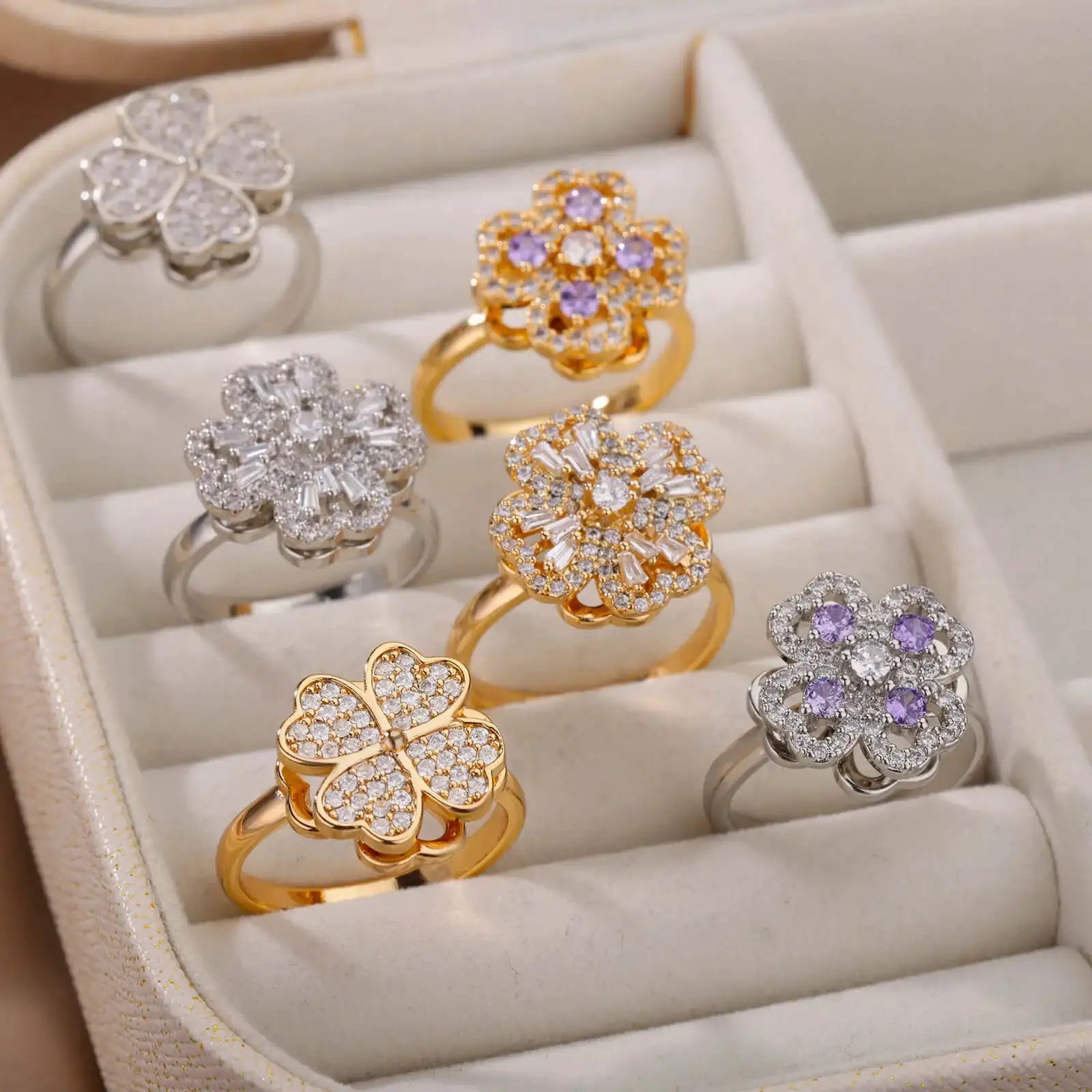 Spinner Zircon Heart Four Leaf Clover Ring For Women Stainless Steel Anti Stress Fidget Jewelry Christmas Gift