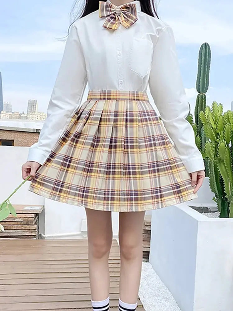 ZOKI plaid women's pleated high-waist skirt with beige-yellow plaid, A-line mini
