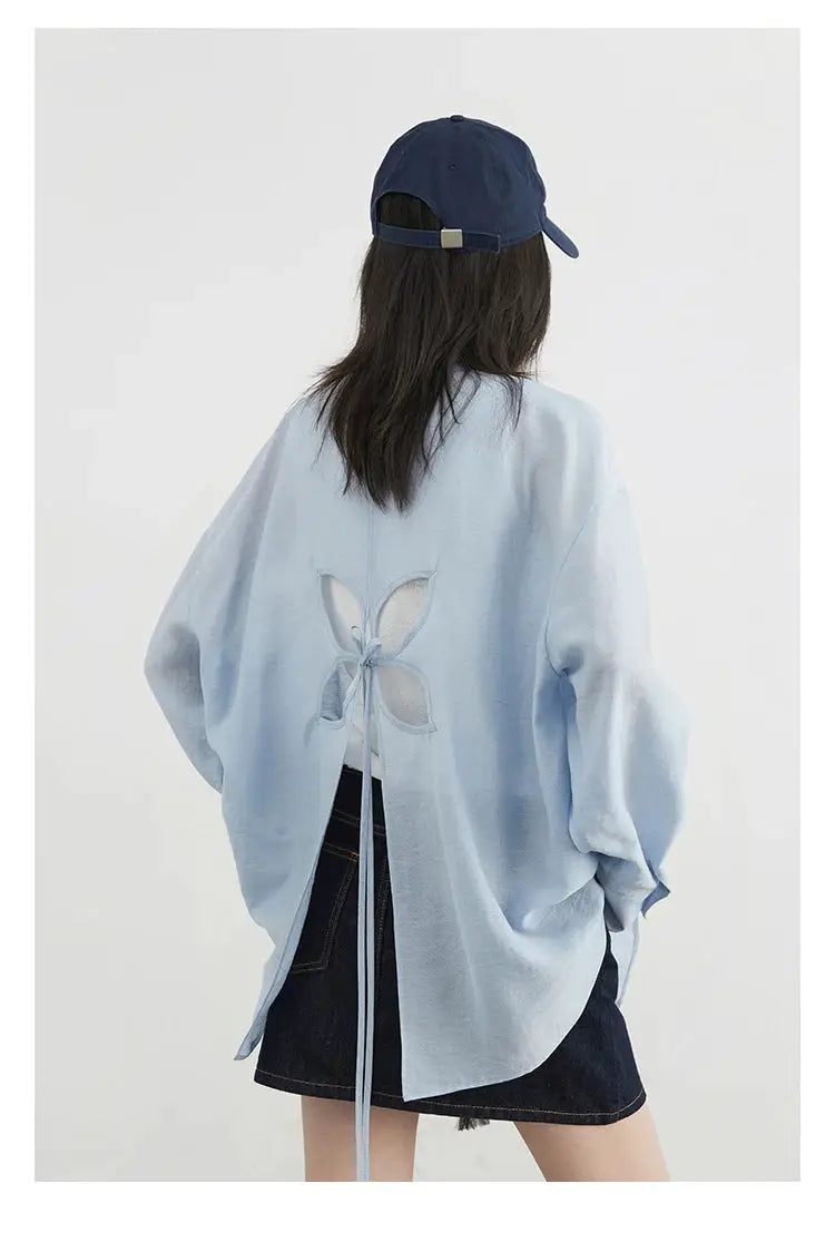 CHIC VEN women's light-blue long-sleeve blouse with back butterfly cutout and tie straps