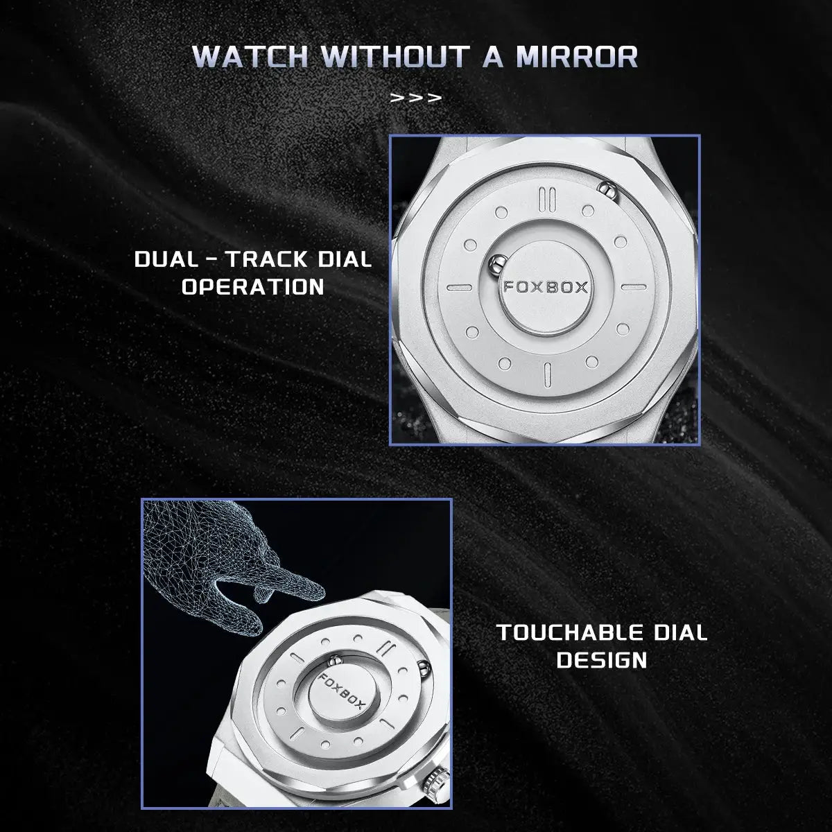 FOXBOX men's stainless steel quartz watch with silver-tone dual-track dial