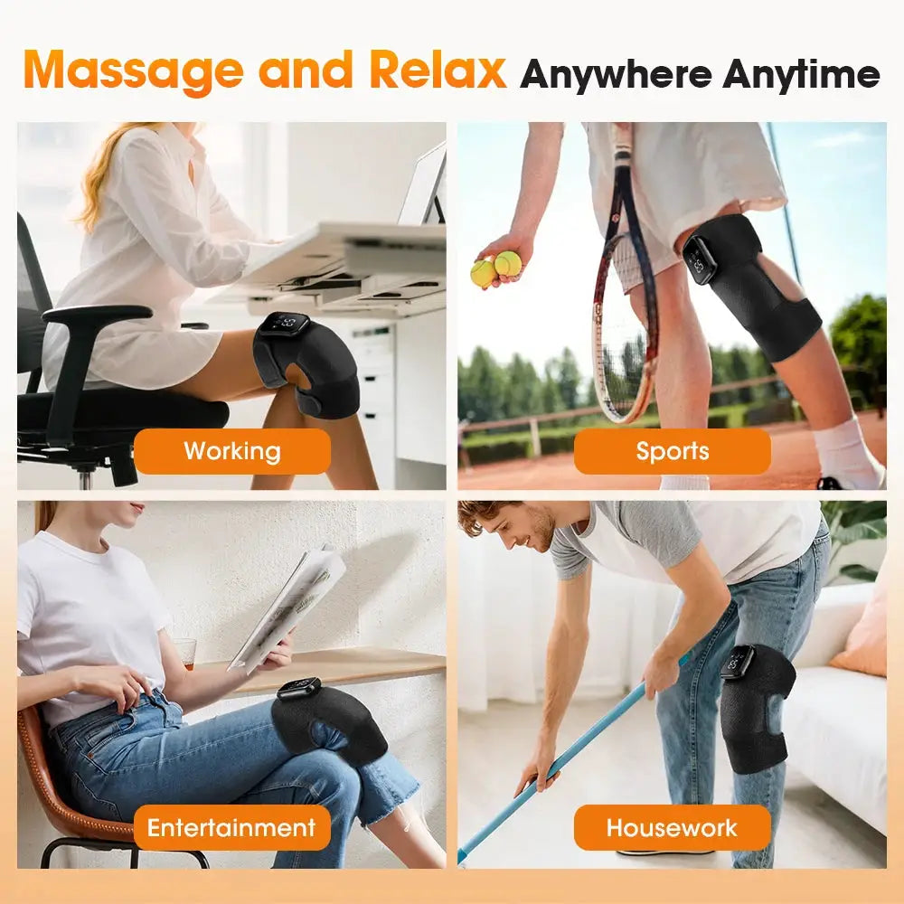 Electric heated knee massage pad with 3-level hot compress, black knee brace shown in four lifestyle scenes.