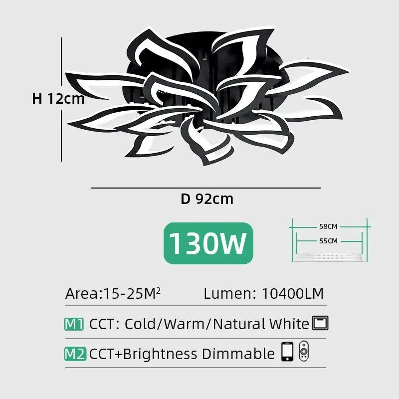 Nordic black floral LED ceiling pendant lamp by Simples Market, 92 cm diameter, dimmable.
