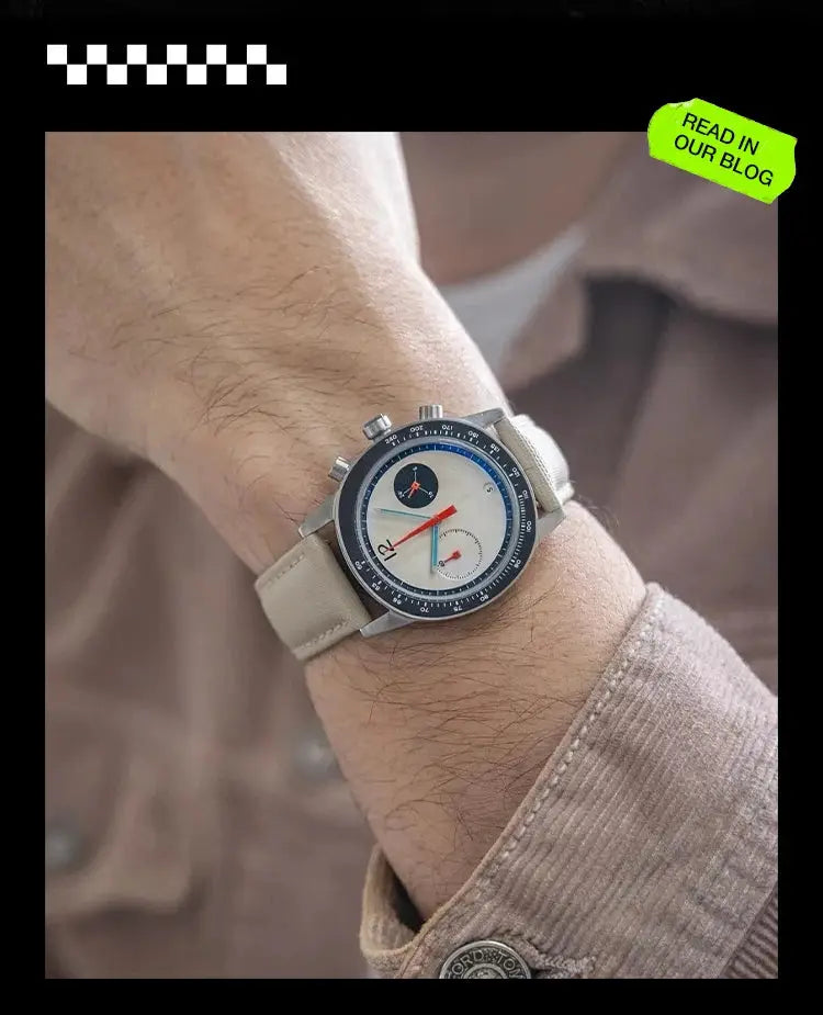 Men's quartz watch with beige strap, silver case, white dial and blue bezel
