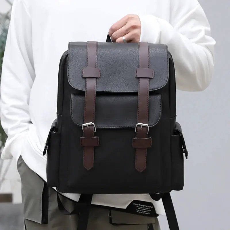 Backpack Simples Market black PU leather schoolbag with brown straps, large laptop backpack for teens.