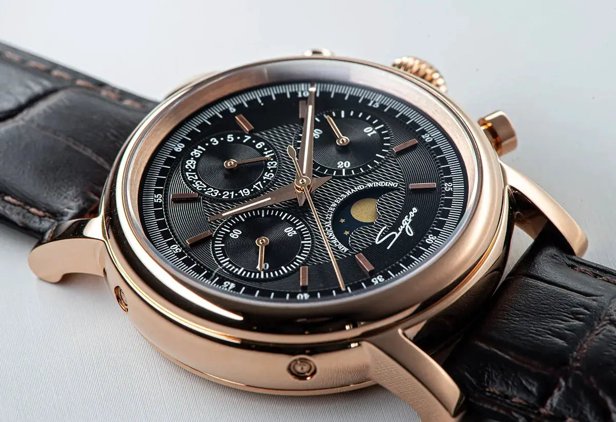 Sugess men's ST1908 mechanical chronograph watch with moonphase calendar, rose gold case, black dial, leather strap