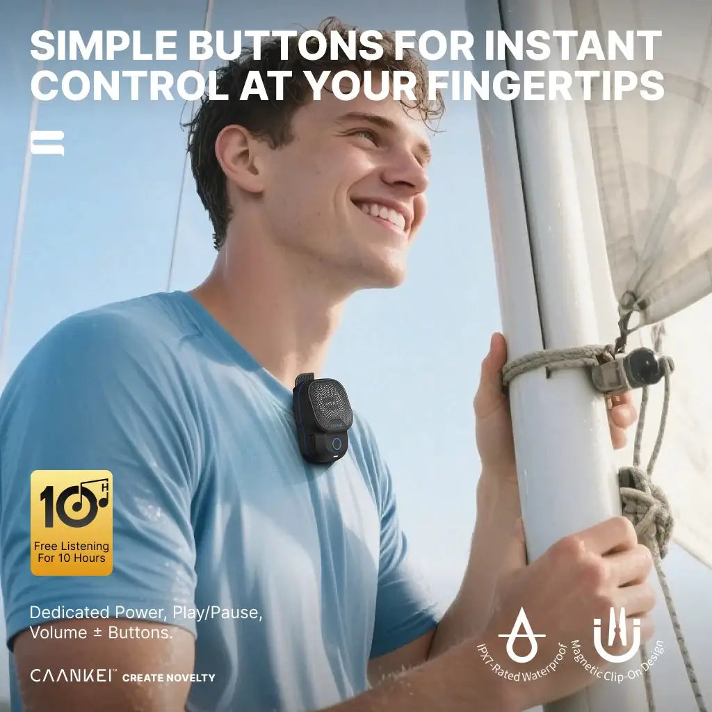 Wearable Bluetooth speaker clip-on, Simples Market, IPX7 waterproof, black mini sound box for calls and music
