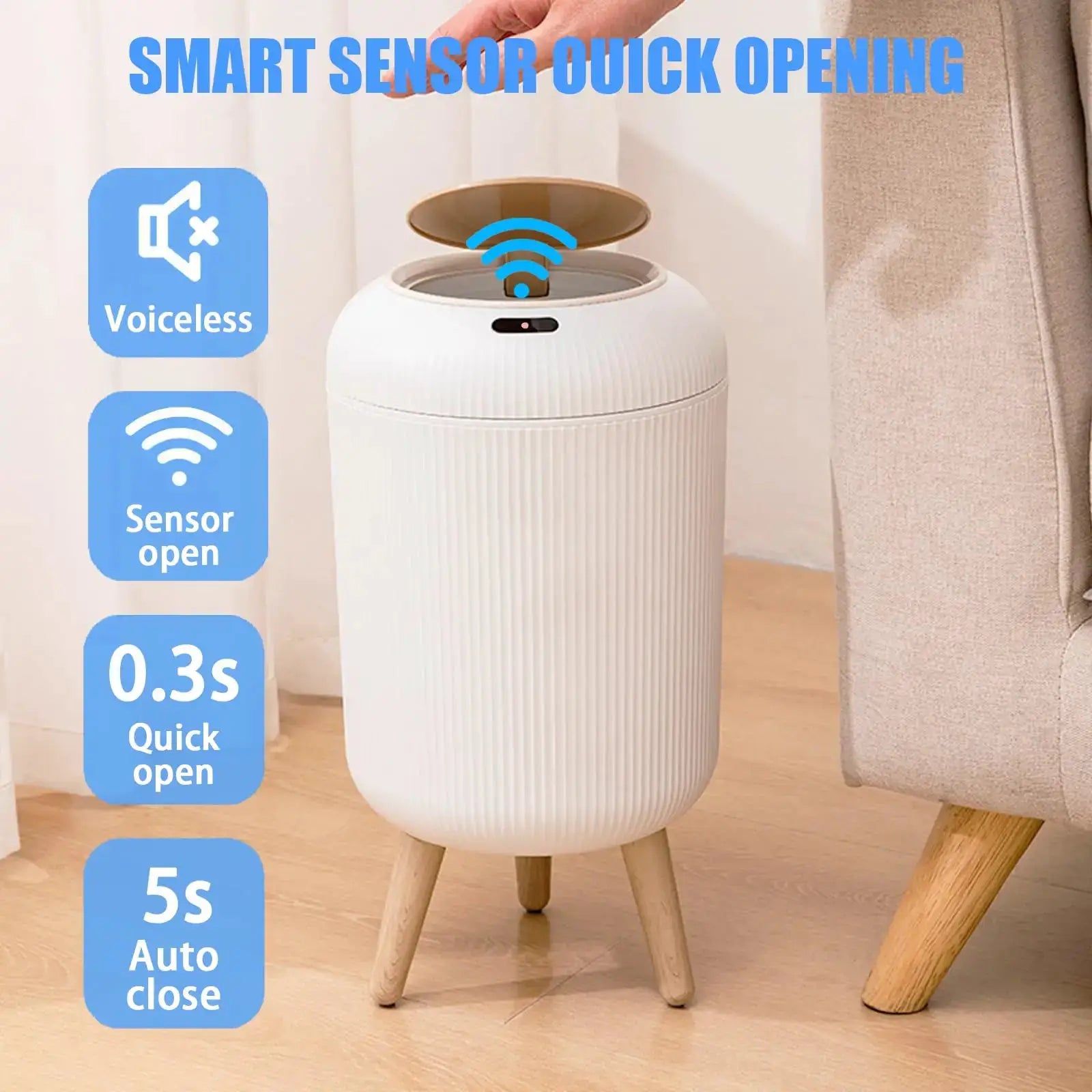 Automatic trash can with lid, small white plastic motion-sensor trash can for bedroom or bathroom