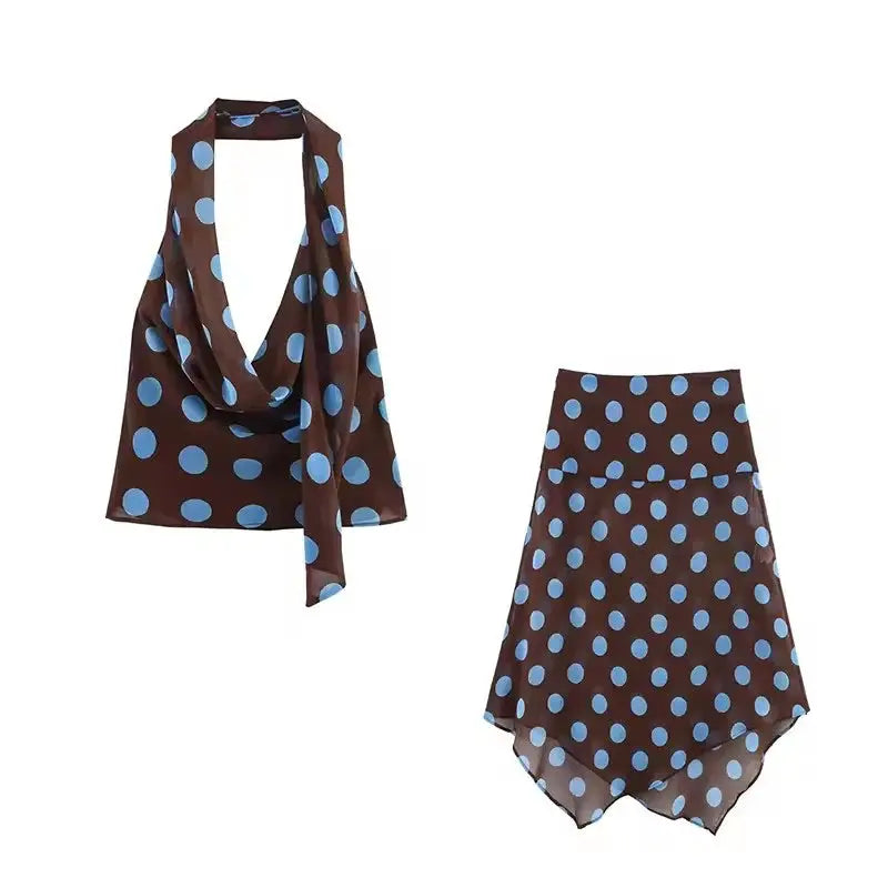 Polka Dot Midi Skirt Two Piece Set for Women Halter Top Beachwear 2026