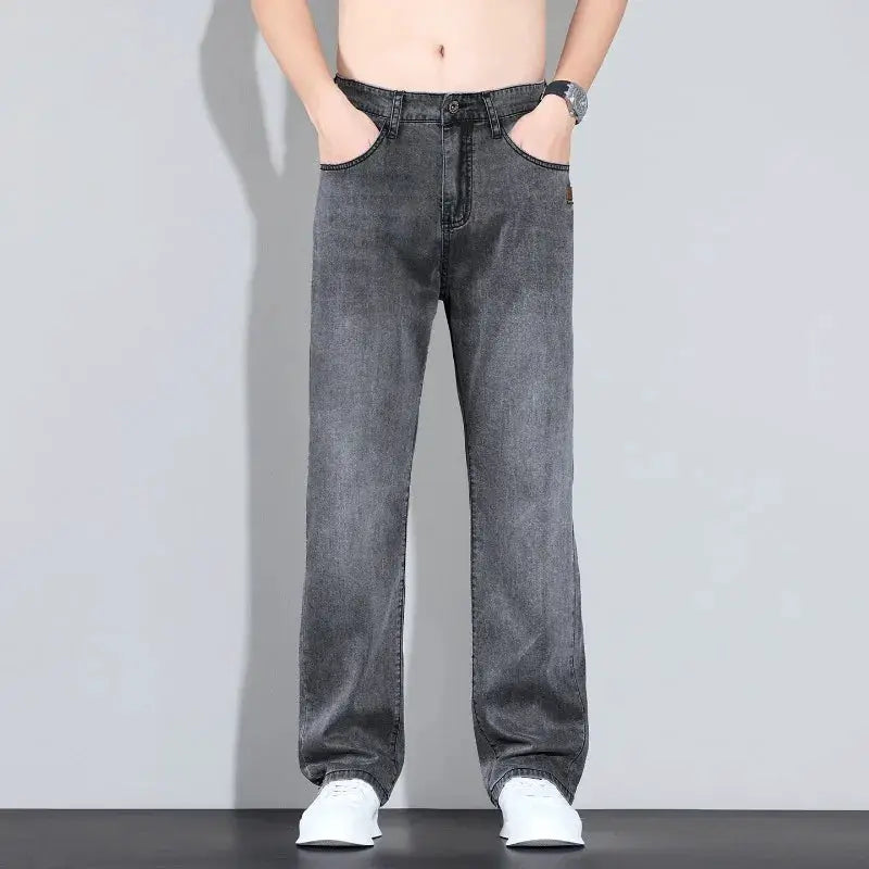Men's grey denim jeans with straight-leg fit and five-pocket styling.
