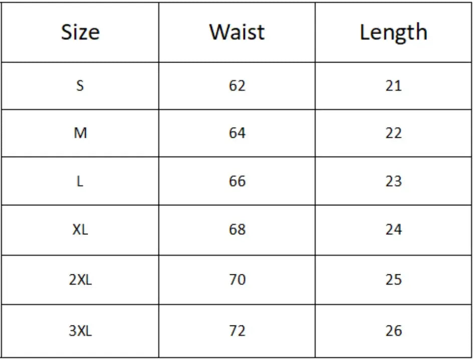 Simples Market shorts size chart with waist and length for S–3XL