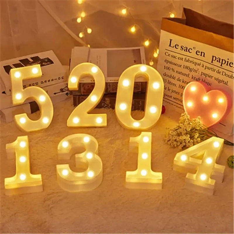 Number letter lamp set by Simples Market with warm white LEDs forming digits 5 2 0 1 3 1 4 and a heart for home decor.