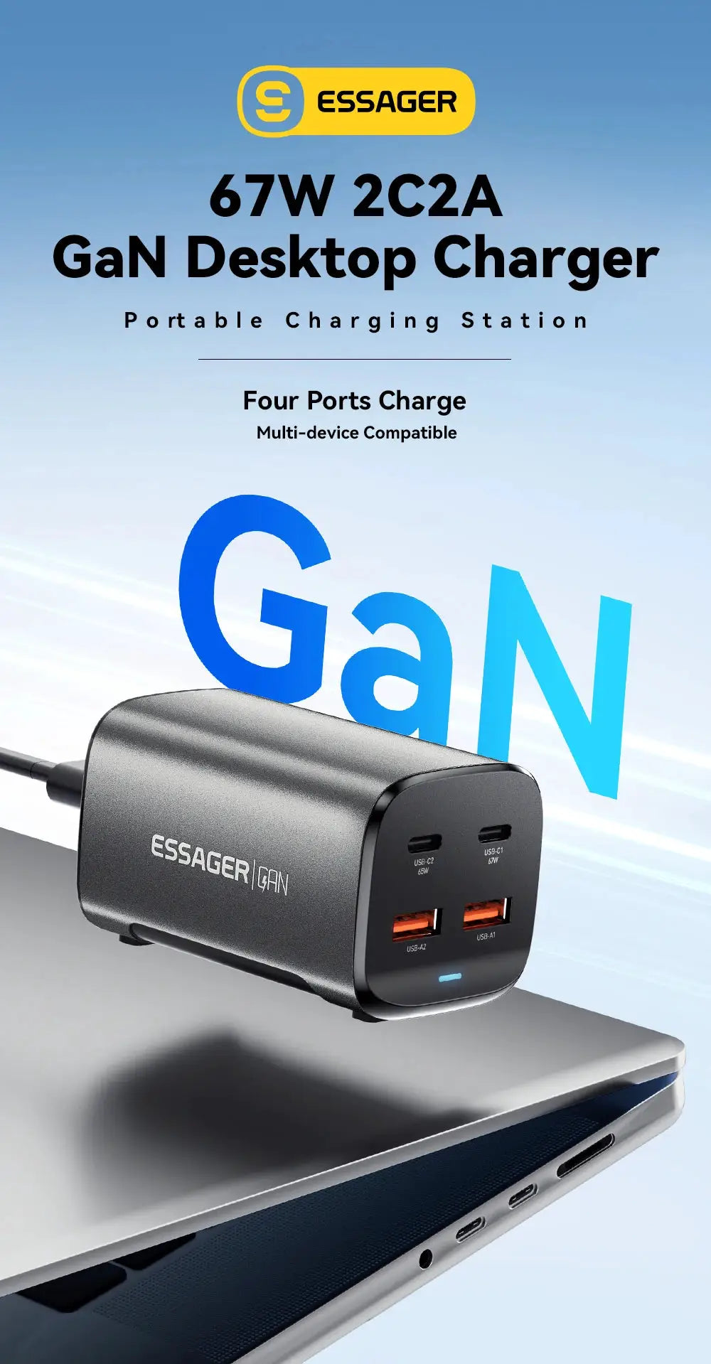 Essager GaN Desktop Charger, 67W with four ports (2 USB-C, 2 USB-A) in dark gray metal, multi-device charging station