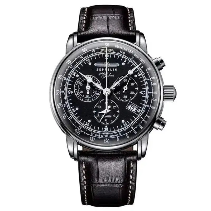 Zeppelin Airship Commemorative men's automatic chronograph watch, black dial, leather strap.