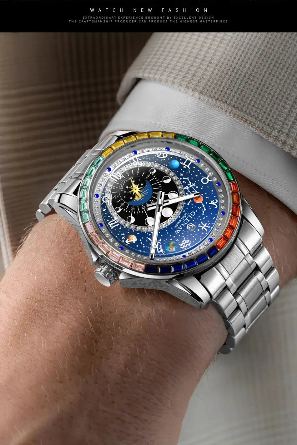 GLENAW Rainbow bezel mechanical watch for men with constellation dial and night-light on stainless steel bracelet