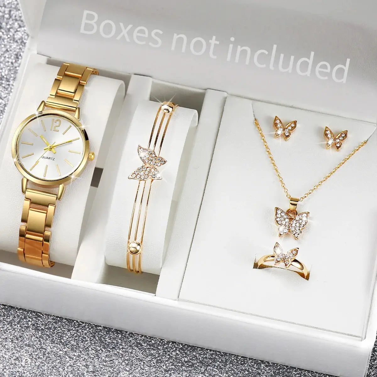 Gold-tone 6-piece women's quartz watch set with stainless steel band and butterfly crystal jewelry