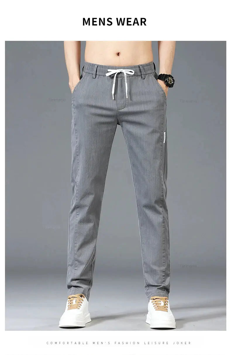 Men's casual pants with elastic drawstring waist in blue-gray, slim straight fit