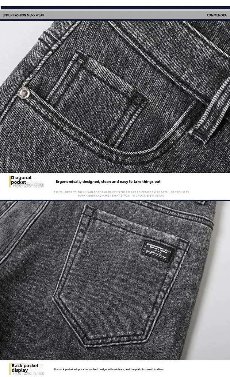 Men's black denim jeans, straight stretch fit with front and back pockets