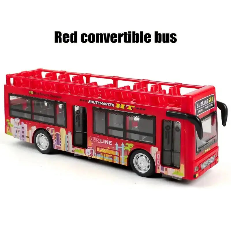 Double Decker Sightseeing Bus Model Die Cast Pull Back Toy Open Doors with Light Music for Boys