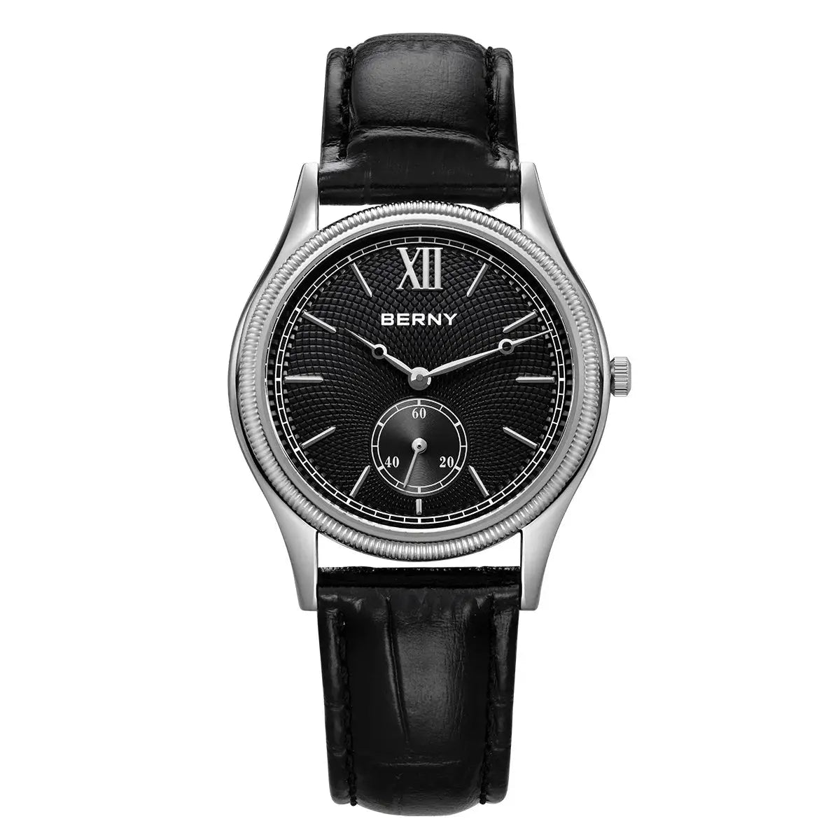BERNY men's leather-band dress watch with black dial and silver case.