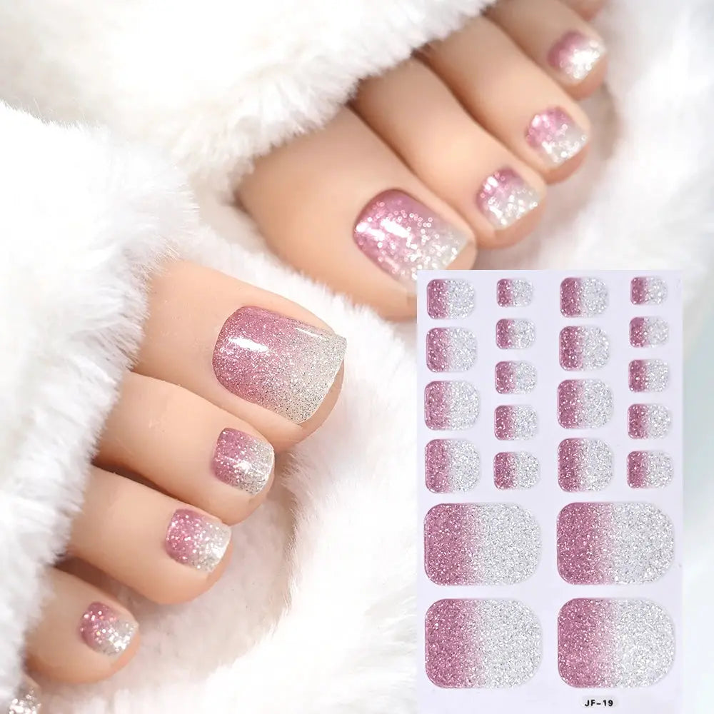 Simples Market toe nail sticker wraps in pink-to-silver glitter gradient; full-cover, self-adhesive decals.