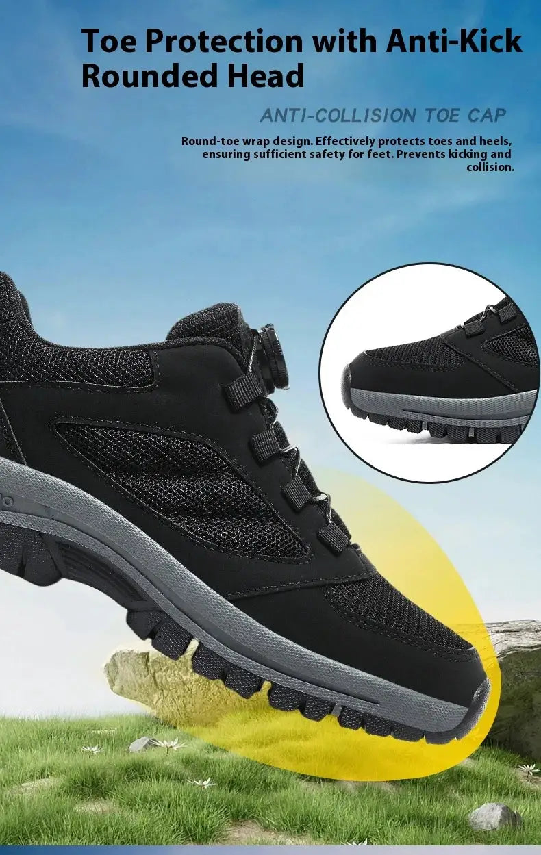 Men's outdoor hiking shoes, black mesh upper with rotating buckle, anti-slip gray sole