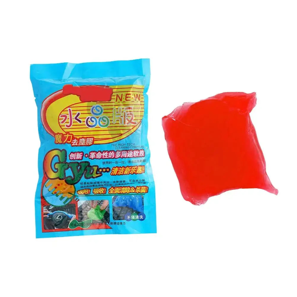 Car interior cleaning gel in blue packaging with red dust-remover slime.