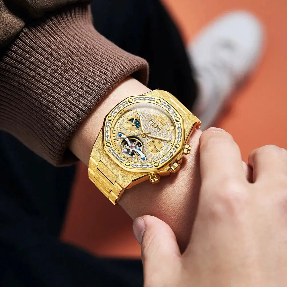 OLEVS gold-tone stainless steel men's watch with skeleton dial, tourbillon and diamond-studded bezel