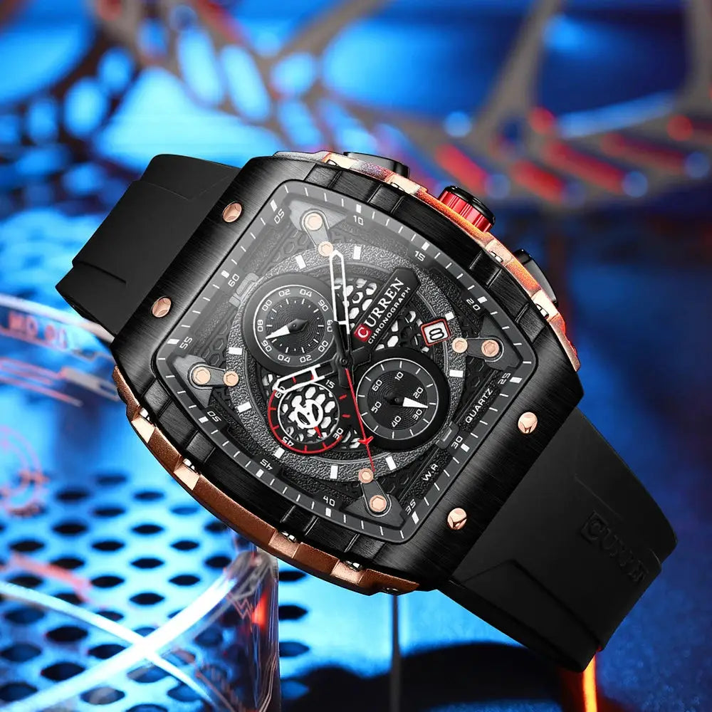 Curren Luxury Square Quartz Wristwatch For Men Water Resistant Luminous Chronograph With Date Alloy Case Silicone Strap