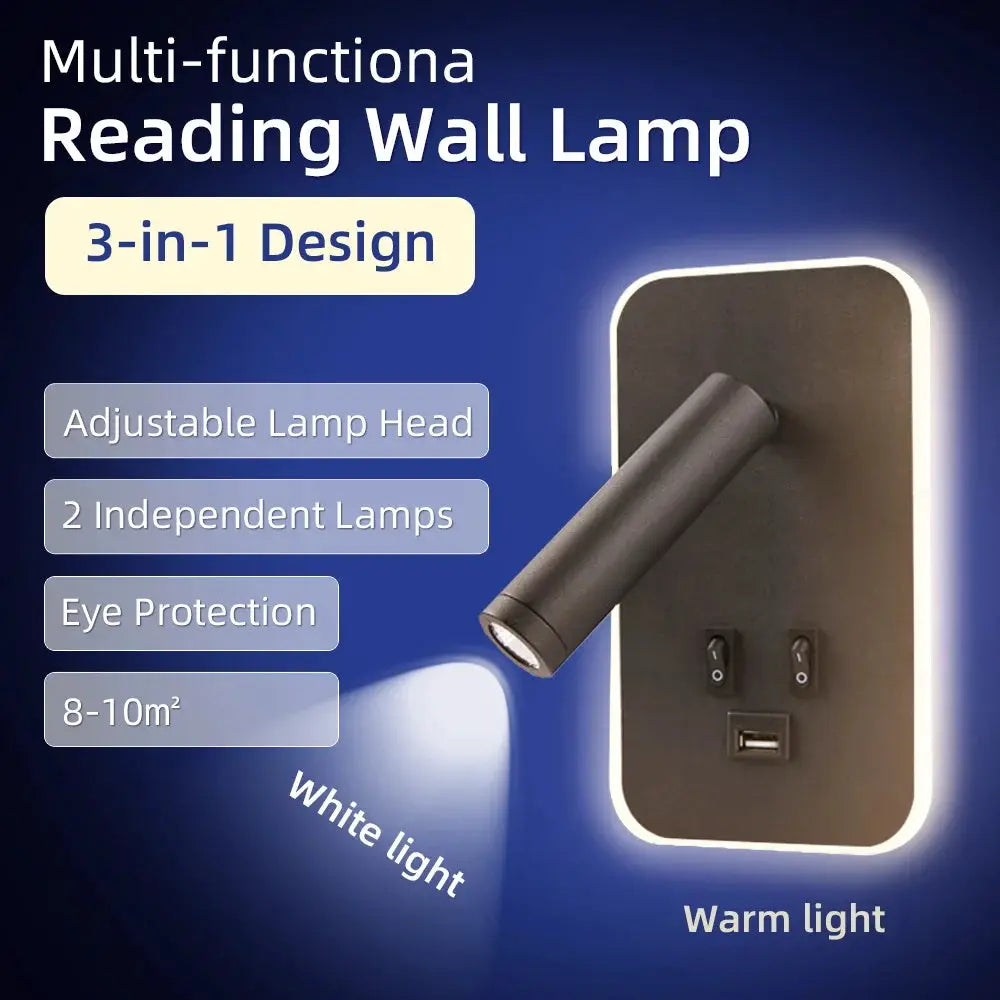 Simples Market chargeable USB wall lamp with rotatable dual heads, wall plate, USB port, white and warm light