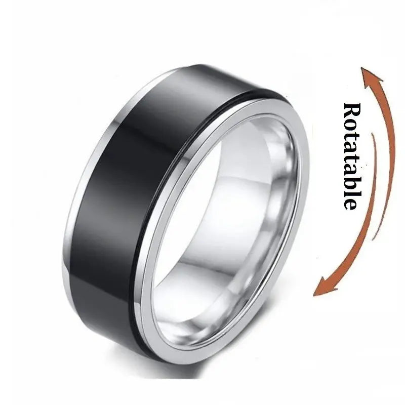 Fidget spinner ring, rotatable stainless steel with black enamel inlay, unisex by Simples Market.