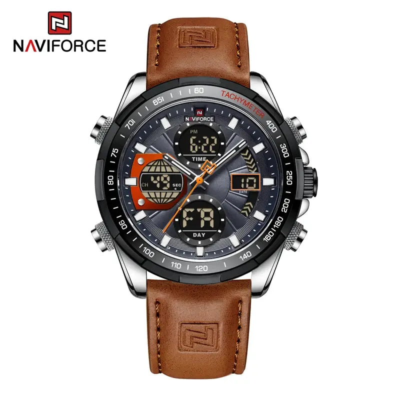 Naviforce men's sport watch with brown genuine leather strap, black dial, dual display and tachymeter bezel