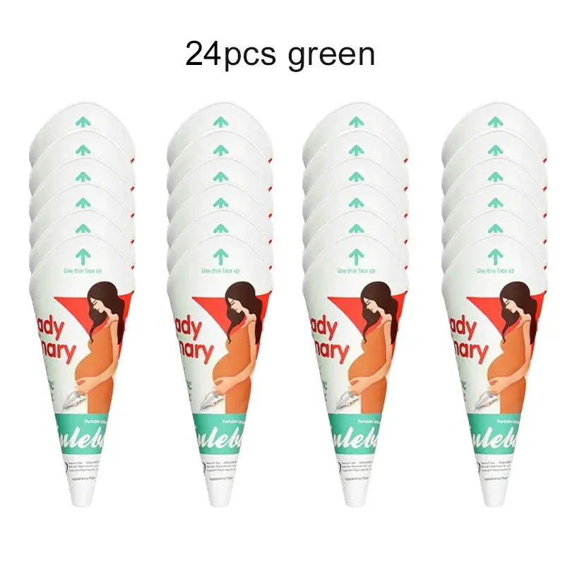 Disposable paper urination devices for women; four units shown in green design with pregnant-illustration graphics