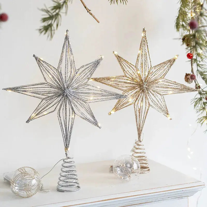 Gold Christmas Tree Topper Star With LED String Lights Ornament For Home Decor Party Festive New Year