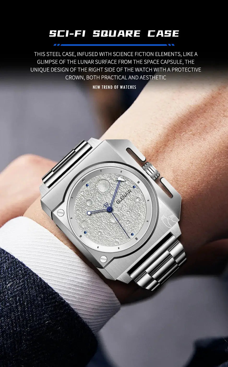 GLENAW stainless steel men's mechanical watch with textured moon-dial and blue hands.