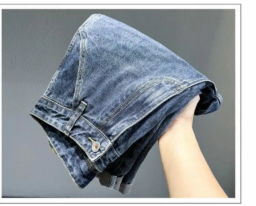Men's blue denim jeans, Simples Market, Korean vintage loose tapered fit for hip-hop streetwear.