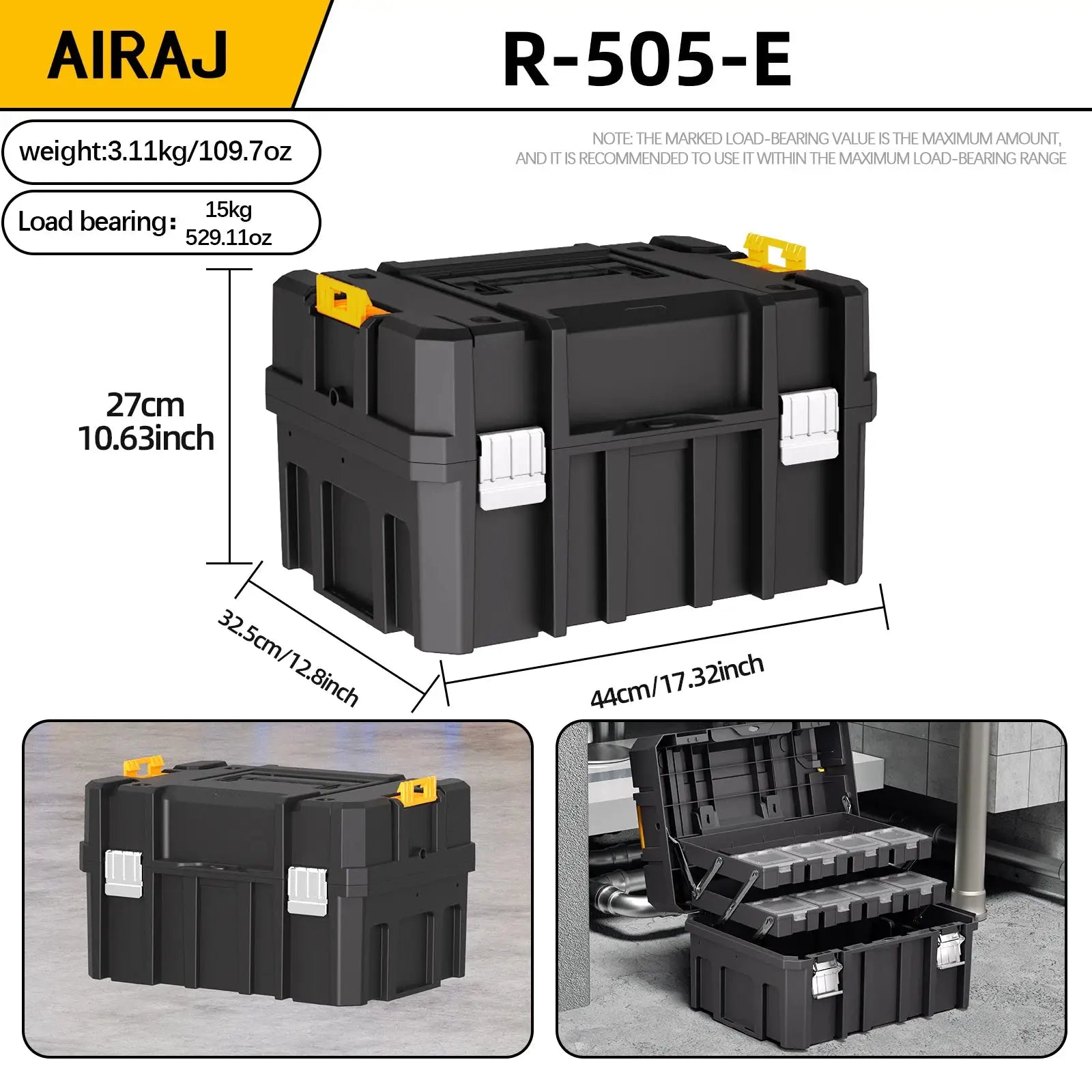 AIRAJ stackable modular toolbox set by Simples Market; black plastic toolbox with yellow latches, portable and modular.