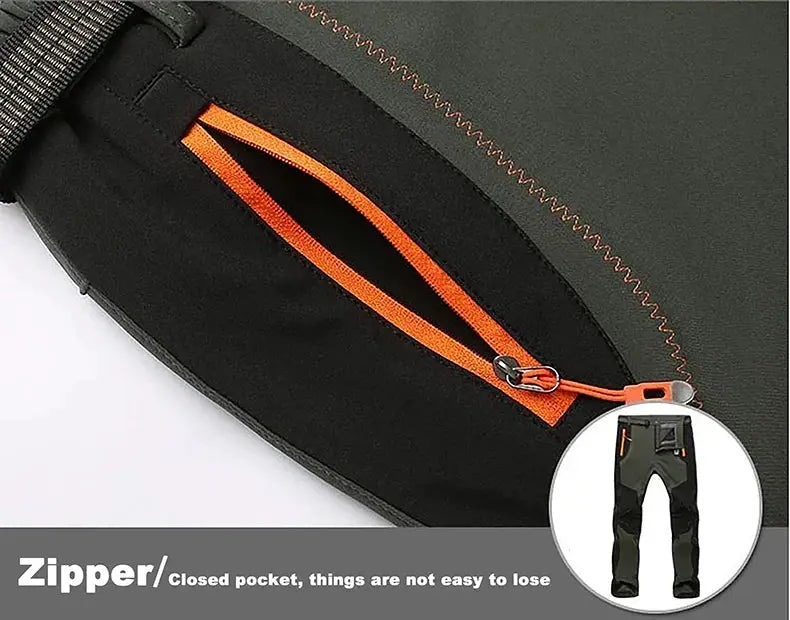 JNLN men's thick warm fleece hiking pants with orange zip pocket on black soft-shell fabric